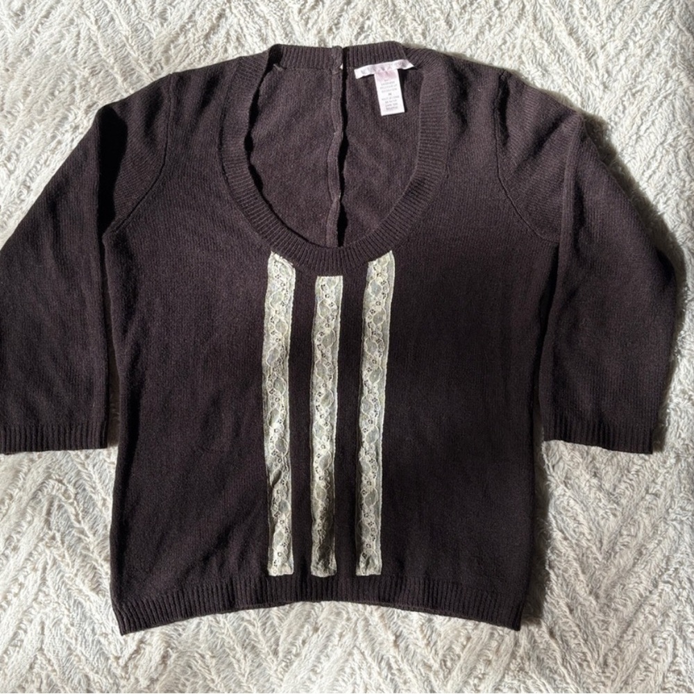 Rebecca Taylor 100% Cashmere V-Neck Sweater with Lace Stripes M